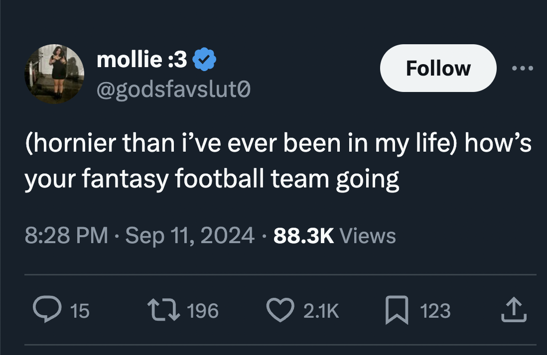 screenshot - mollie 3 hornier than i've ever been in my life how's your fantasy football team going Views 15 196 123